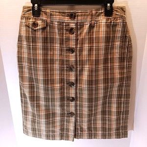 Liz Claiborne Skirt Women M (Waist 32") Olive Green Orange Plaid Pockets Pencil